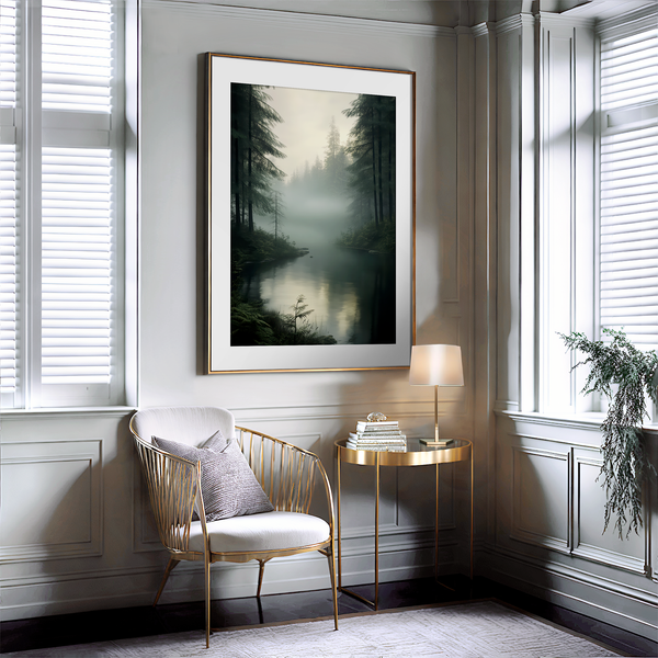 Framed wall art of evergreens, river, and mist in soft watercolours. A calm woodland scene, ready to hang.