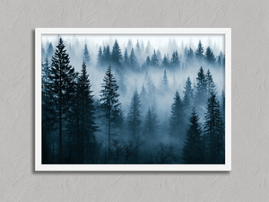 Northern Veil – Misty Forest Wall Art Print in a white frame, no mount