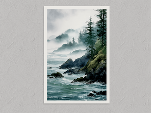 Pacific Haze – Misty Coastal Forest Wall Art Print, unframed print with a white border