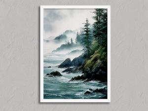 Pacific Haze – Misty Coastal Forest Wall Art Print in a white frame, no mount