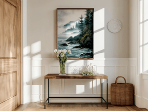 Misty coastal forest wall art styled in a calm neutral interior