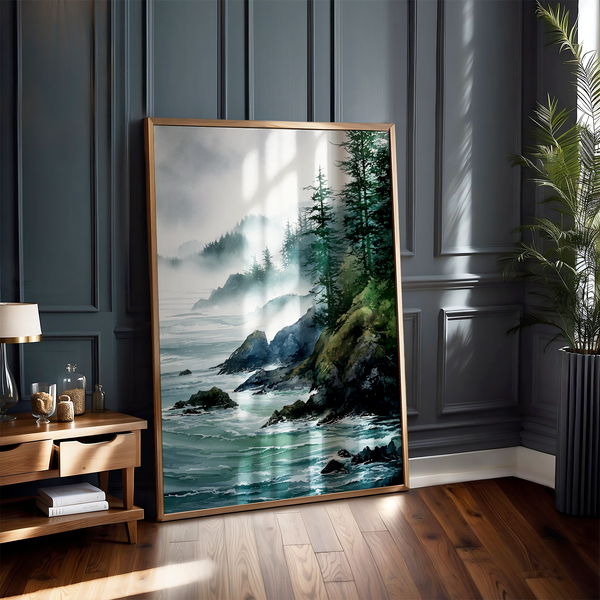 Framed wall art of a misty Pacific coast in soft greys and blues. A tranquil abstract seascape print. Ready to hang.