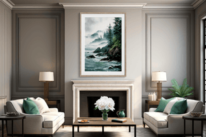 Misty coastal forest wall art styled in a calm neutral interior