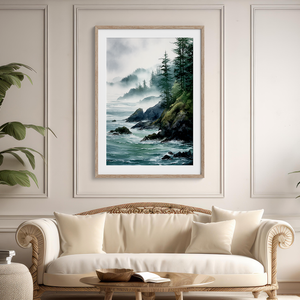Framed wall art of a misty Pacific coast in soft greys and blues. A tranquil abstract seascape print. Ready to hang.