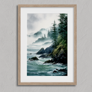 Framed wall art of a misty Pacific coast in soft greys and blues. A tranquil abstract seascape print. Ready to hang.