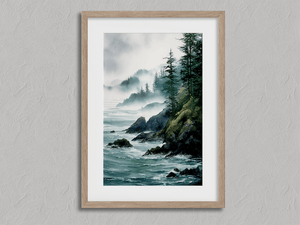 Framed misty coastal wall art print with tall pines, dark rocks and teal surf