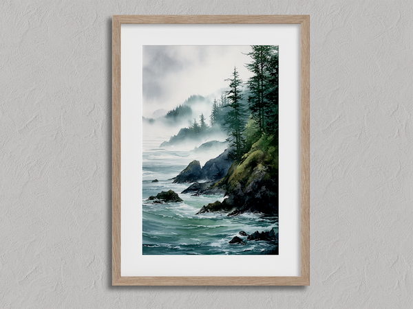 Framed wall art of a misty Pacific coast in soft greys and blues. A tranquil abstract seascape print. Ready to hang.