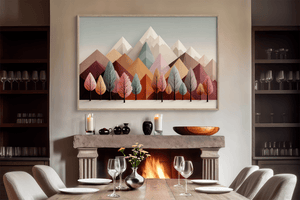 Pastel geometric landscape wall art styled in a calm neutral interior