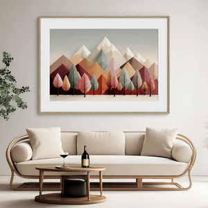 Framed wall art in blush, mint, and apricot. Cheerful trees and clean peaks in spring bring lightness and balance.