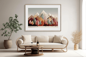 Framed wall art in blush, mint, and apricot. Cheerful trees and clean peaks in spring bring lightness and balance.