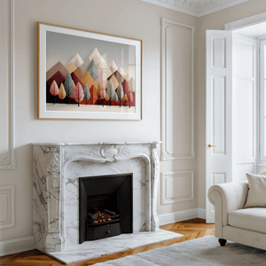 Pastel geometric landscape wall art styled in a calm neutral interior