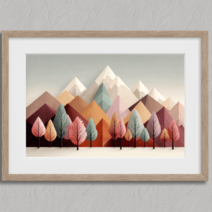 Framed wall art in blush, mint, and apricot. Cheerful trees and clean peaks in spring bring lightness and balance.