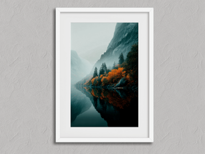 Path of Firelight – Autumn Lake Wall Art Print in a white frame with a mount