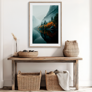 Framed wall art of a glowing autumn forest path in fiery orange and crimson tones. A warm, seasonal woodland print. Ready to hang.