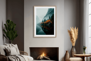 Autumn lake wall art styled in a calm neutral interior