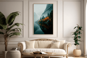 Autumn lake wall art styled in a calm neutral interior