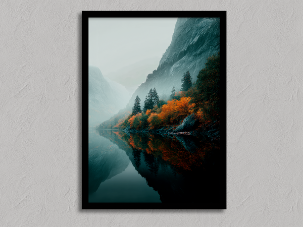 Framed wall art of a glowing autumn forest path in fiery orange and crimson tones. A warm, seasonal woodland print. Ready to hang.