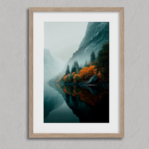 Framed wall art of a glowing autumn forest path in fiery orange and crimson tones. A warm, seasonal woodland print. Ready to hang.
