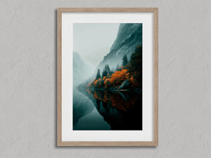 Framed autumn lake wall art print with orange trees mirrored beneath a misty mountain