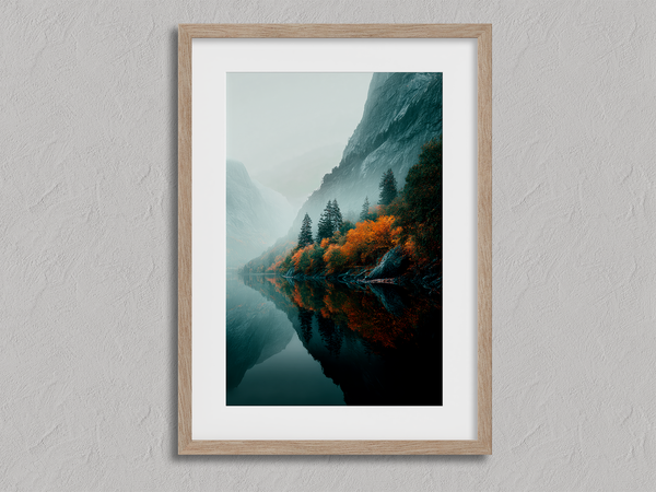 Framed wall art of a glowing autumn forest path in fiery orange and crimson tones. A warm, seasonal woodland print. Ready to hang.