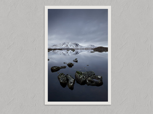 Quiet Reflections – Winter Mountain Lake Wall Art Print, unframed print with a white border
