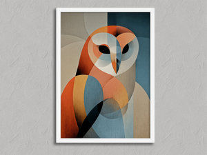 Quiet Watch – Geometric Owl Wall Art Print in a white frame, no mount