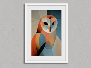 Quiet Watch – Geometric Owl Wall Art Print in a white frame with a mount