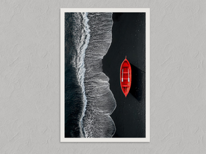 Red Shoreline – Red Boat Coastal Wall Art Print, unframed print with a white border
