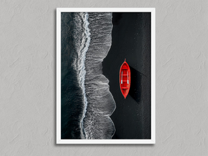 Red Shoreline – Red Boat Coastal Wall Art Print in a white frame, no mount