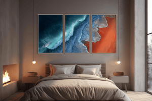 Coastal triptych wall art styled in a calm neutral interior