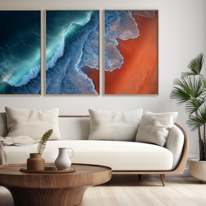 Coastal triptych framed wall art of teal waves and sienna sands. Framed or unframed ocean prints for serene, modern interiors.