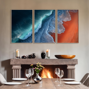 Coastal triptych framed wall art of teal waves and sienna sands. Framed or unframed ocean prints for serene, modern interiors.