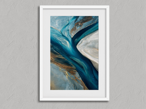 River of Glass – Teal Abstract Wall Art Print in a white frame with a mount