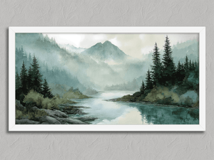 River Through the Pines – Mountain River Wall Art Print in a white frame, no mount