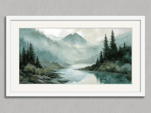 River Through the Pines – Mountain River Wall Art Print in a white frame with a mount