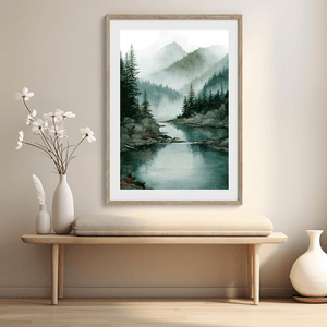 Atelier Lumin framed fine art print of a misty river and mountain scene. Soft hues and peaceful tones bring calm to any space. Ready to hang.
