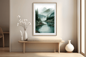 Misty mountain wall art print styled in a calm neutral interior
