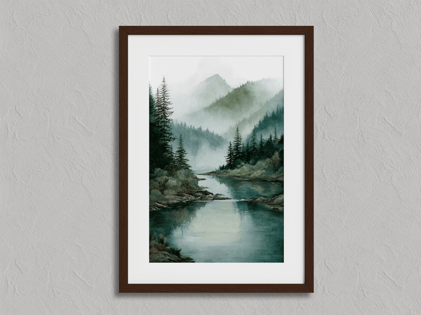 Atelier Lumin framed fine art print of a misty river and mountain scene. Soft hues and peaceful tones bring calm to any space. Ready to hang.