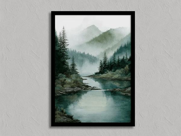 Atelier Lumin framed fine art print of a misty river and mountain scene. Soft hues and peaceful tones bring calm to any space. Ready to hang.