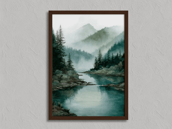Atelier Lumin framed fine art print of a misty river and mountain scene. Soft hues and peaceful tones bring calm to any space. Ready to hang.