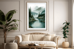 Misty mountain wall art print styled in a calm neutral interior