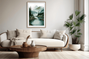 Misty mountain wall art print styled in a calm neutral interior