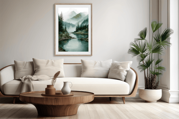 Atelier Lumin framed fine art print of a misty river and mountain scene. Soft hues and peaceful tones bring calm to any space. Ready to hang.