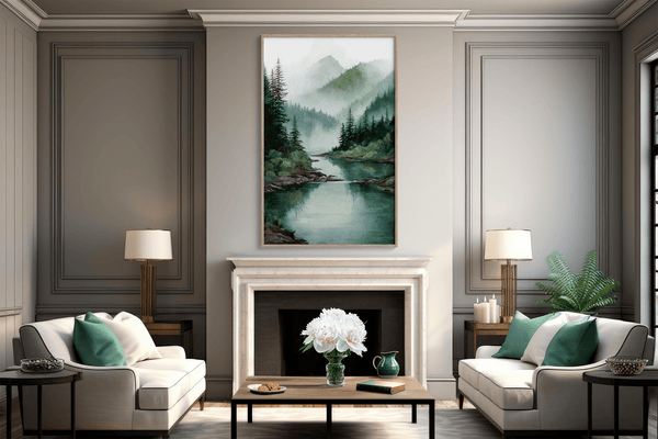 Atelier Lumin framed fine art print of a misty river and mountain scene. Soft hues and peaceful tones bring calm to any space. Ready to hang.