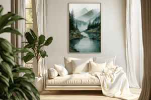 Misty mountain wall art print styled in a calm neutral interior