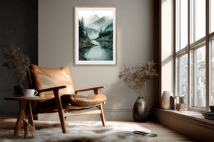 Misty mountain wall art print styled in a calm neutral interior