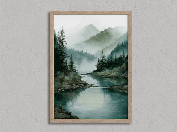 Atelier Lumin framed fine art print of a misty river and mountain scene. Soft hues and peaceful tones bring calm to any space. Ready to hang.
