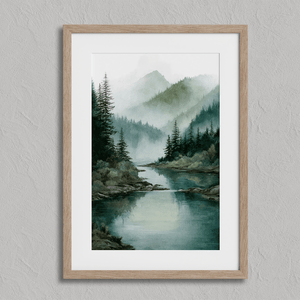 Atelier Lumin framed fine art print of a misty river and mountain scene. Soft hues and peaceful tones bring calm to any space. Ready to hang.