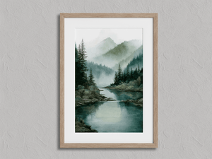 Framed misty mountain wall art print with evergreens and soft river detail