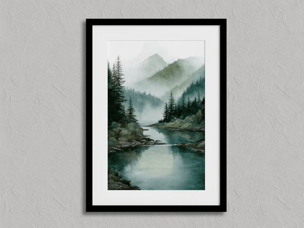 Atelier Lumin framed fine art print of a misty river and mountain scene. Soft hues and peaceful tones bring calm to any space. Ready to hang.